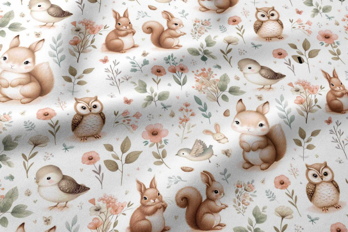 100% Cotton Fabric - Forest Animals in Soft Flowers