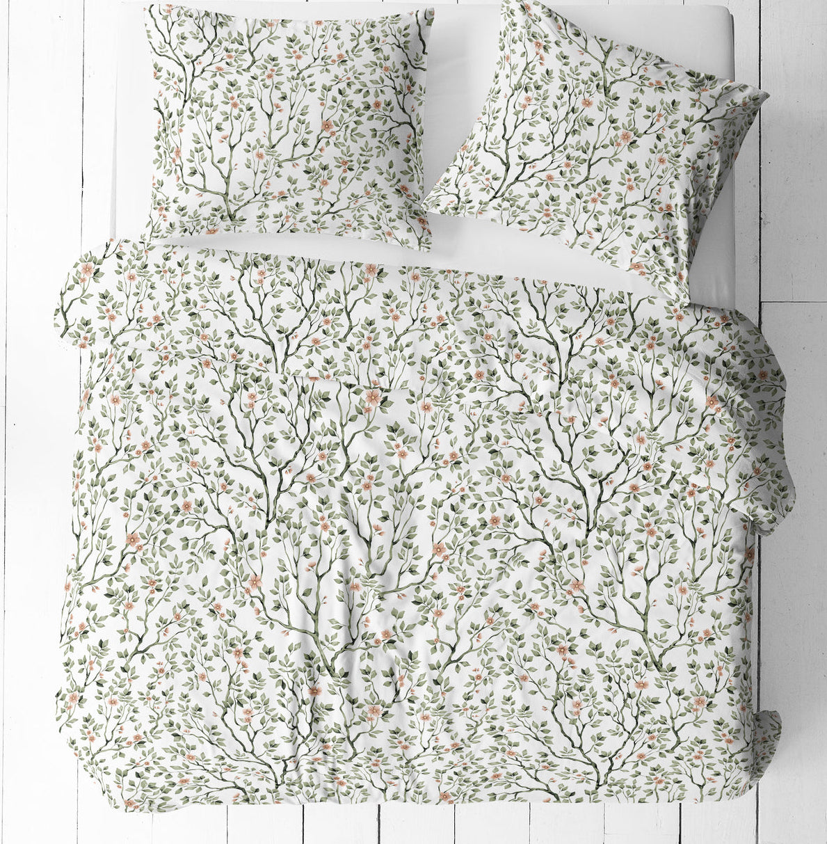 100% Cotton Fabric - Delicate Green Branches with Flowers on a White Background