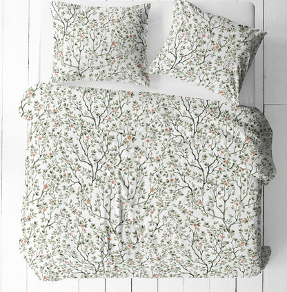 100% Cotton Fabric - Delicate Green Branches with Flowers on a White Background