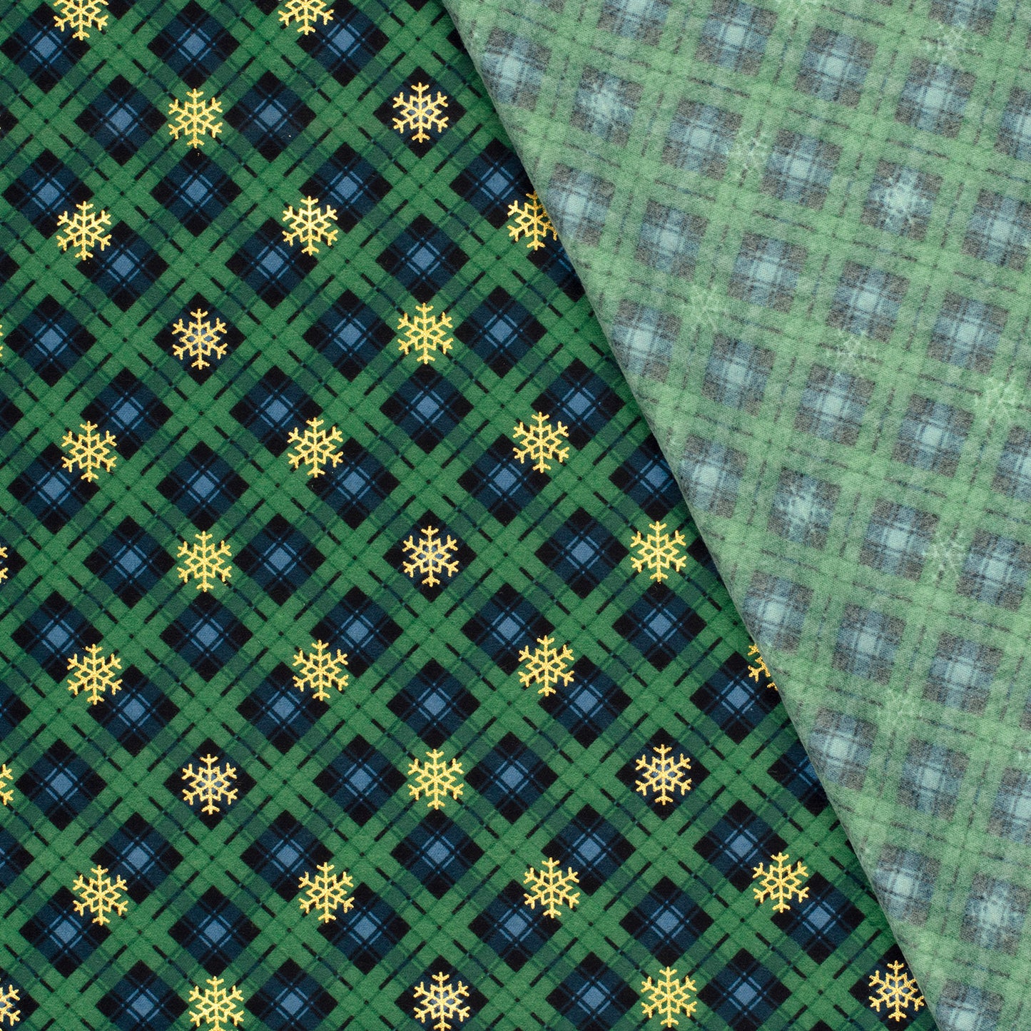 Flannel, green plaid with snowflakes