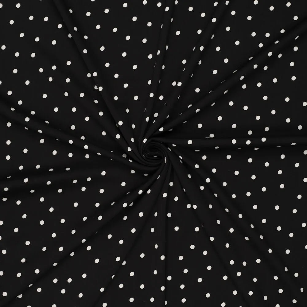 Viscose Fabric with Elastane - White Polka Dots on Black