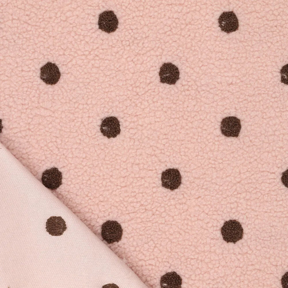 Teddy fleece brown polka dots on pink