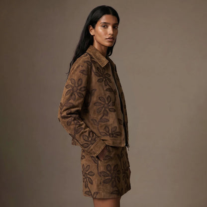Suede fabric with embroidered floral pattern - brown 310 g/m²