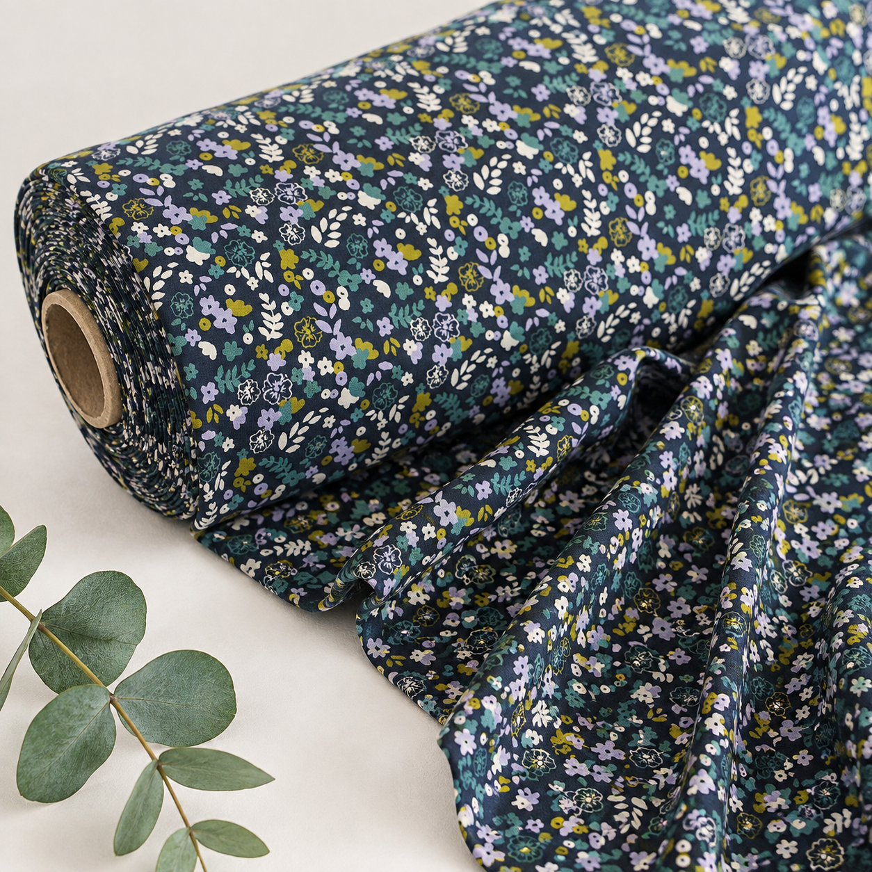 Jersey coton à petites fleurs sur fond bleu foncé-certif. GOTS