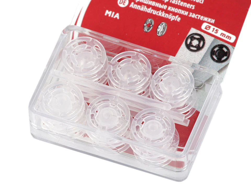 Piešujamas caurspīdīgas plastmasas spiedpogas – 7 mm, 10 mm, 13 mm un 15 mm