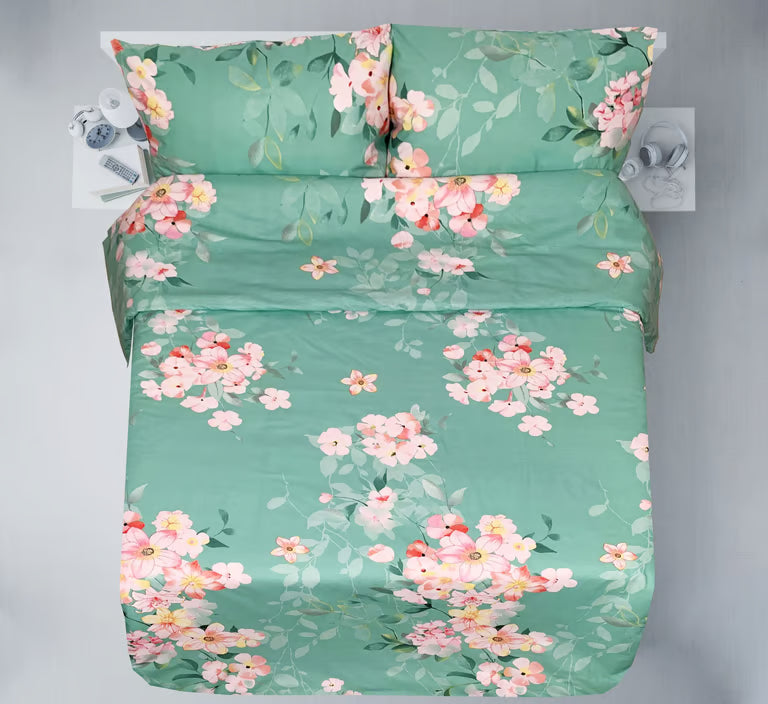 100% kokvilnas audums–piparmētru zaļš ar rozā ziedu zīmējumiem, 220 cm