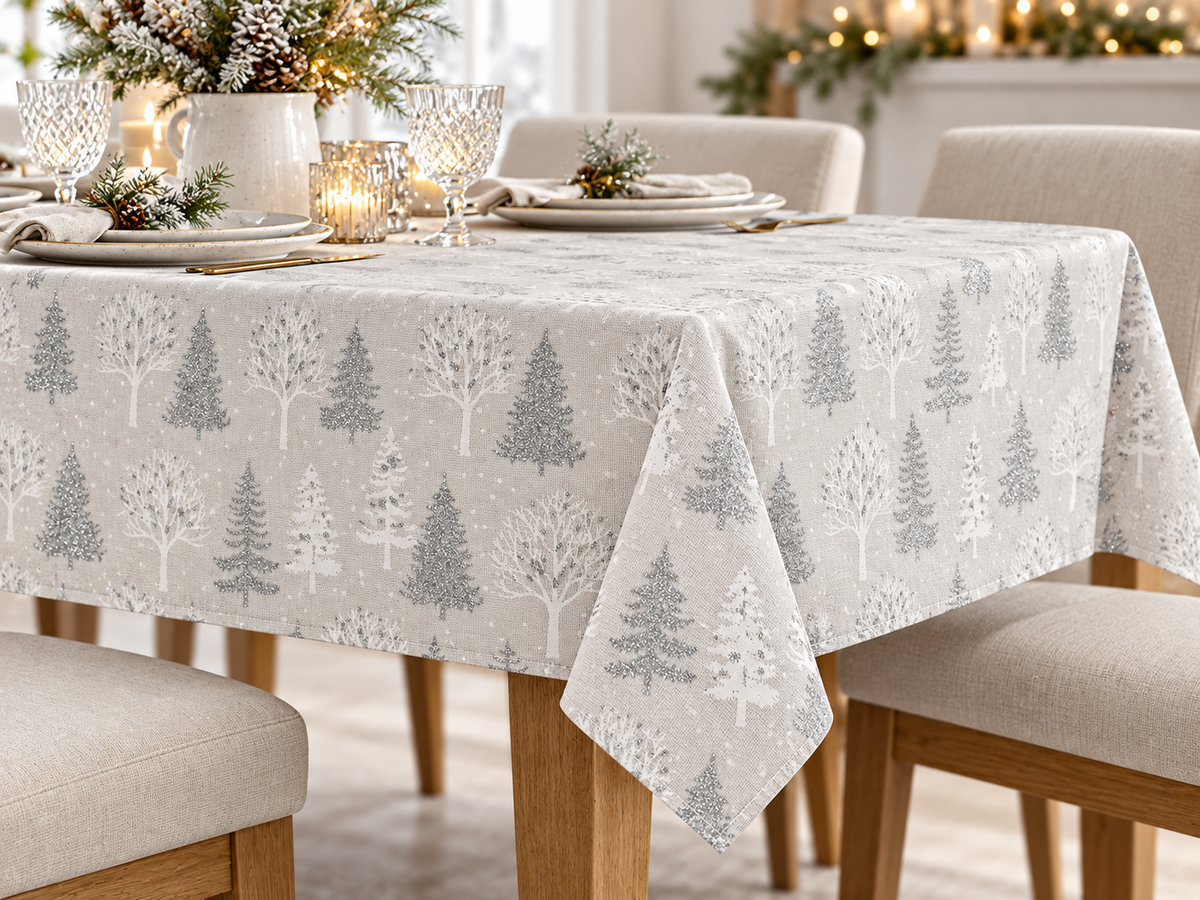Christmas canvas fabric with glittering fir trees – light grey