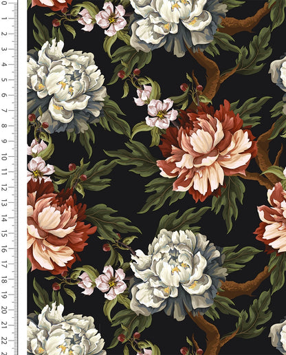 Cotton Loopback Knit - Peonies on Black