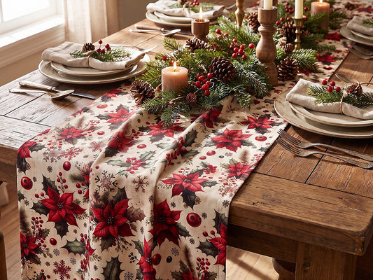 Christmas satin fabric with poinsettias