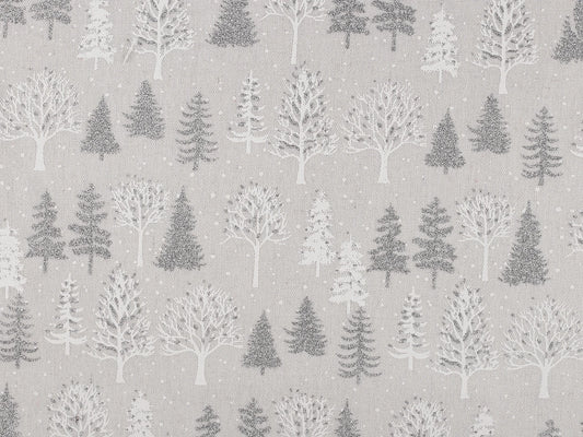 Christmas canvas fabric with glittering fir trees – light grey