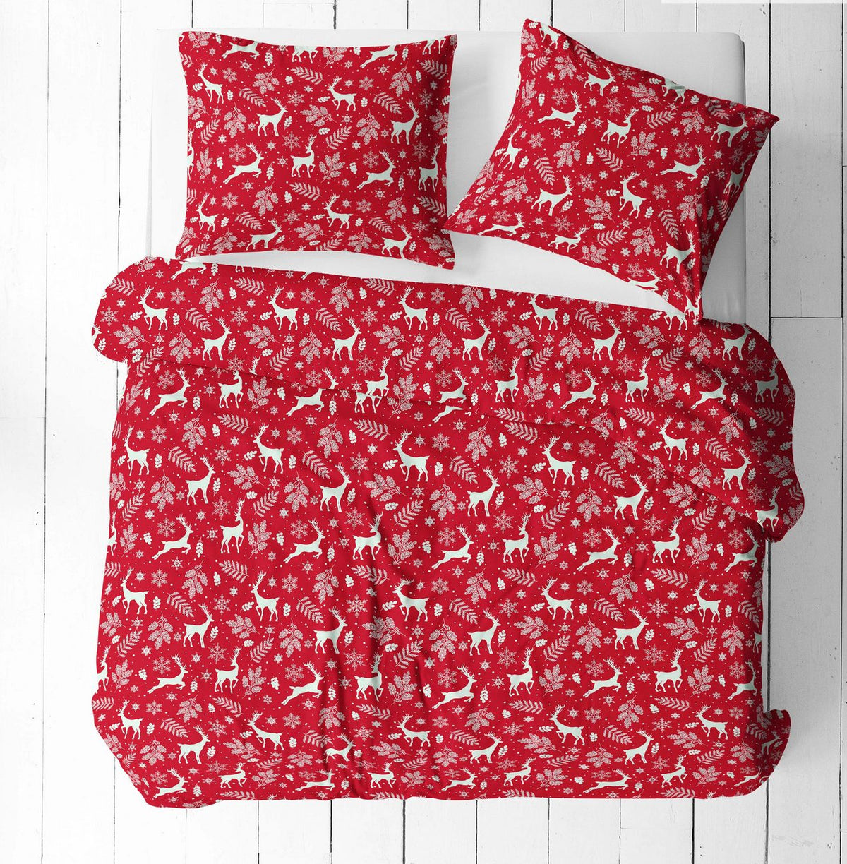 100% Cotton Fabric - White Deer on a Red Background