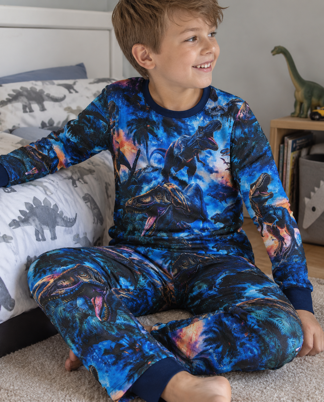 Cotton Jersey, Jersey Dinosaurs on Dark Blue
