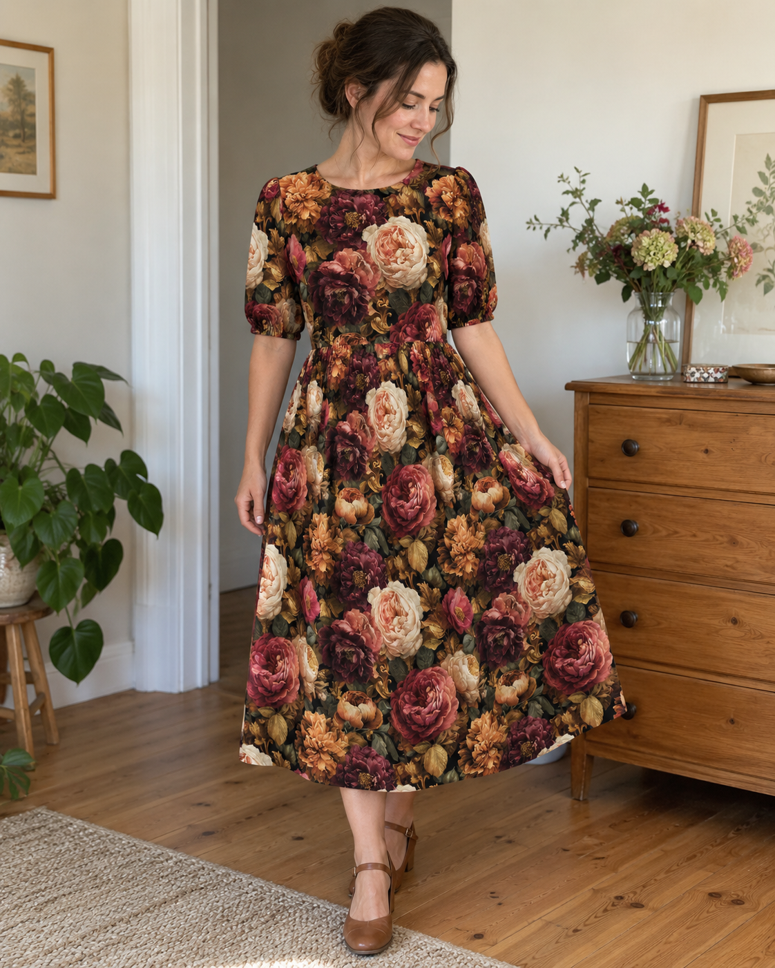 Viscose Gabardine Fabric - Peonies and Roses