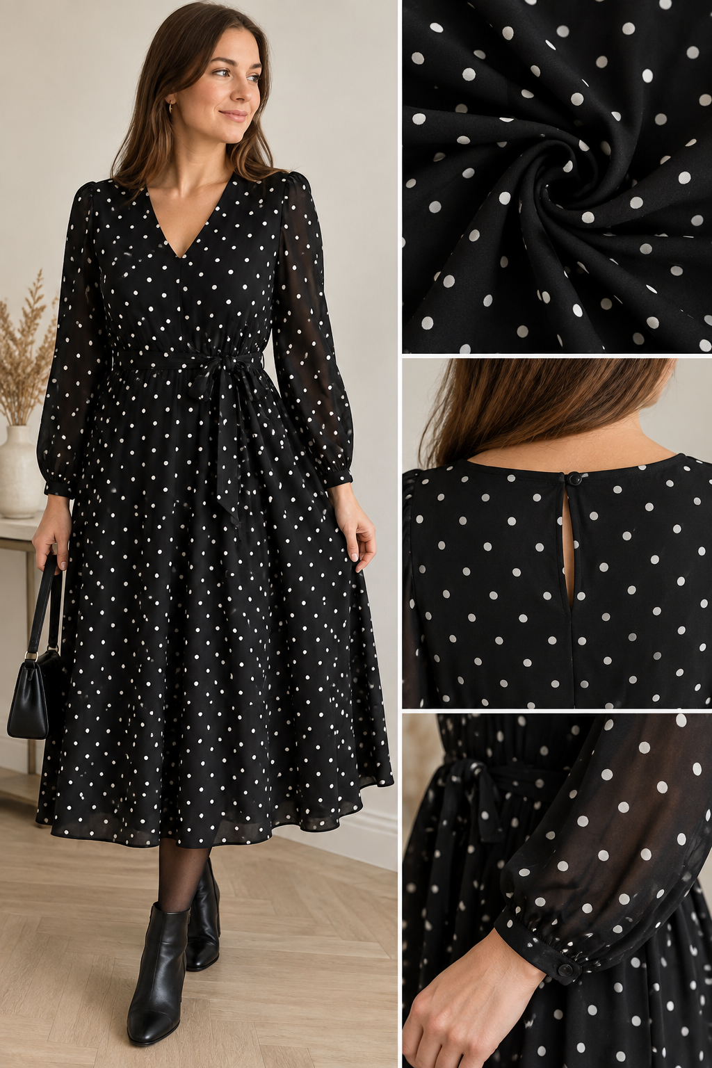 Viscose Fabric with Elastane - White Polka Dots on Black
