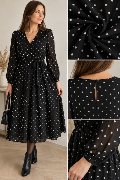 Viscose Fabric with Elastane - White Polka Dots on Black