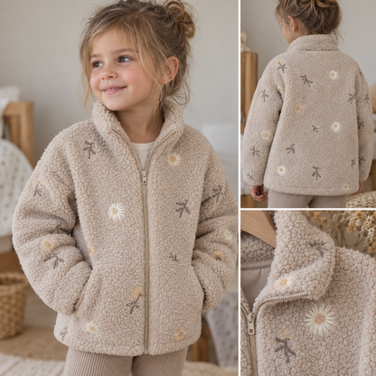 Teddy Fleece Embroidered Flowers on a Beige Background
