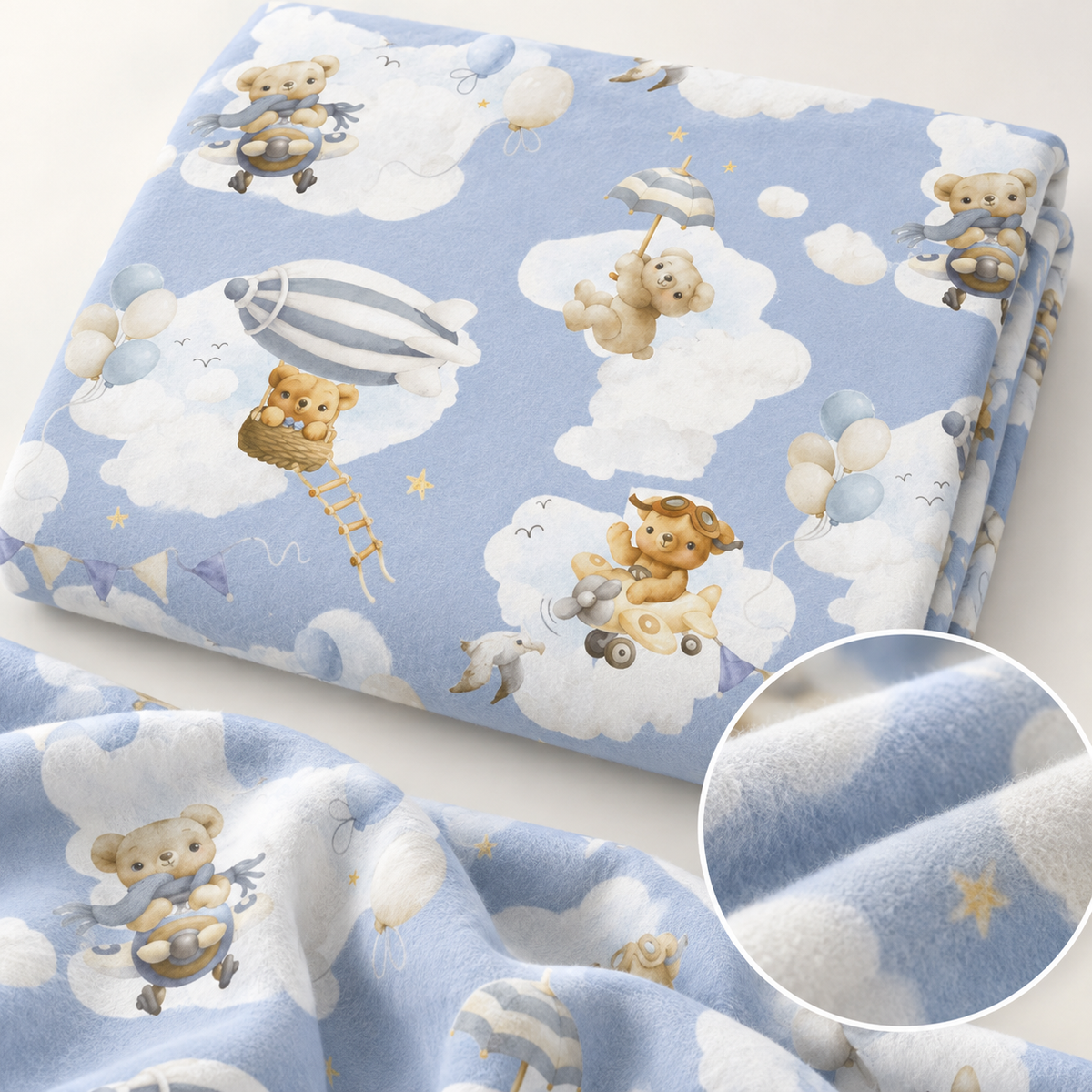 100% Cotton Flannel with Bears on a Blue Background