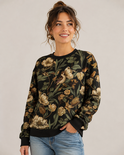 Jersey chaud, tissu Alpenfleece à fleurs et oiseaux romantiques