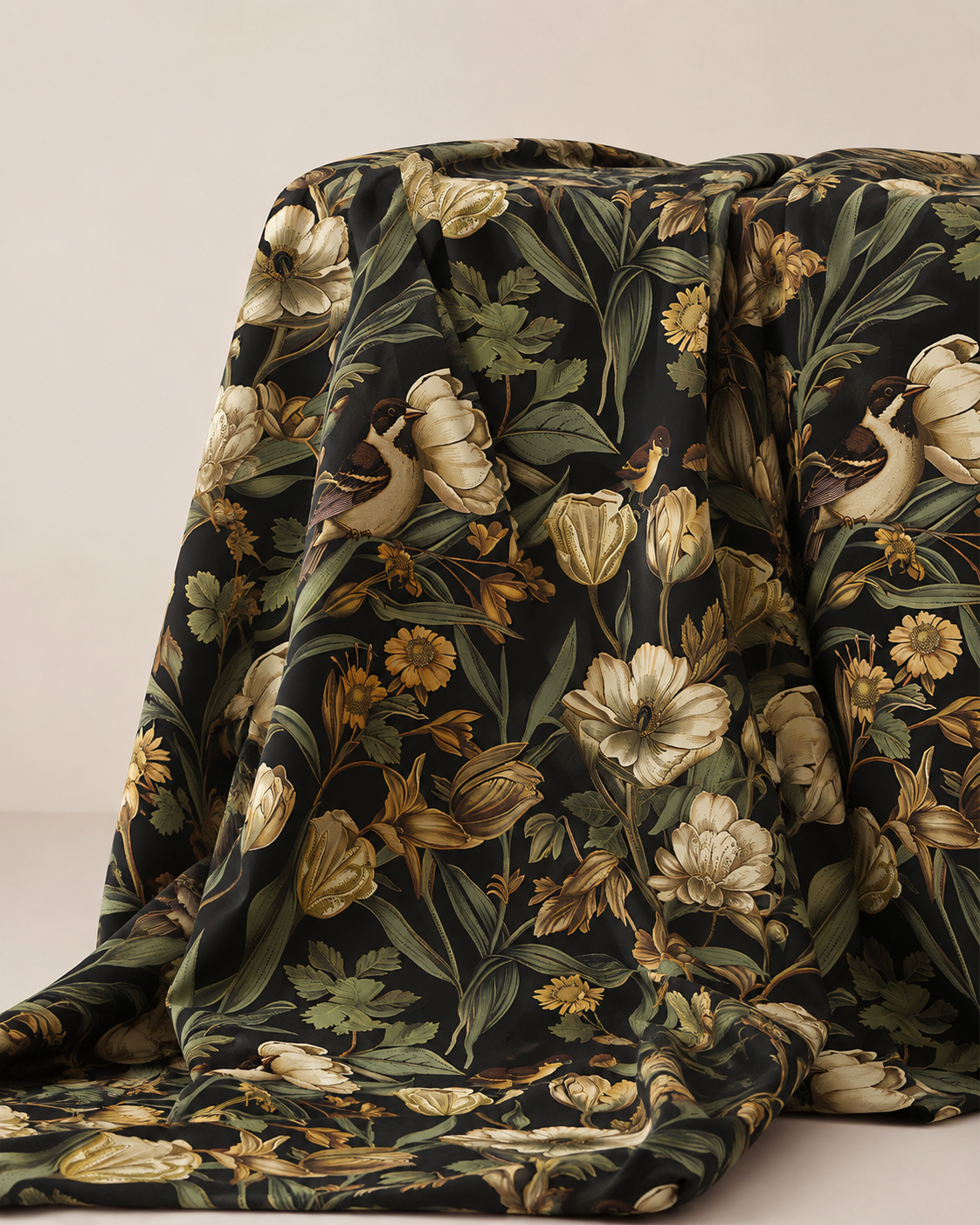 Jersey chaud, tissu Alpenfleece à fleurs et oiseaux romantiques