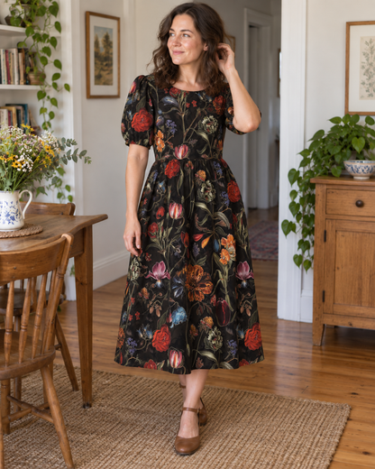 Viscose Gabardine Fabric - Flowers on Black