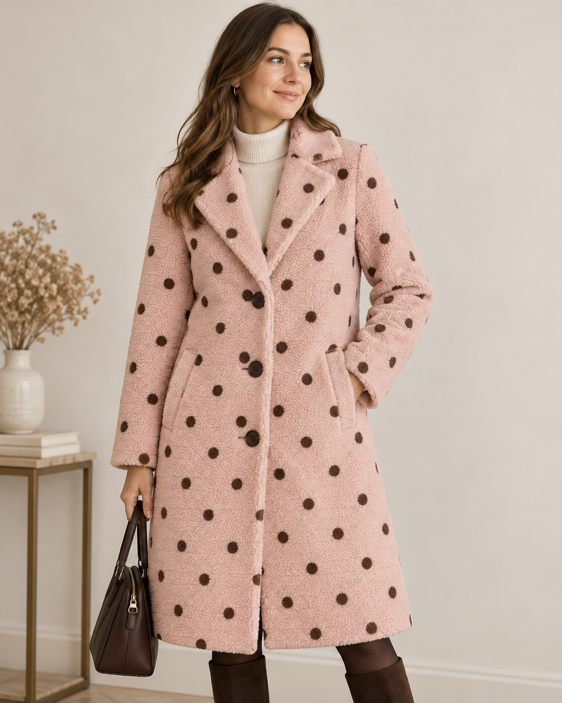Teddy fleece brown polka dots on pink