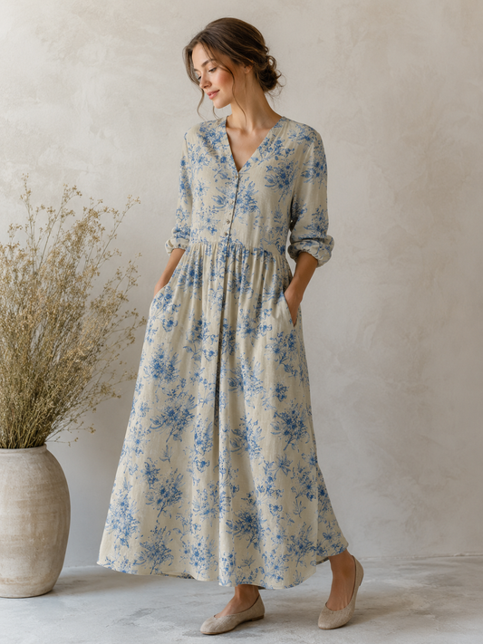 Linen and Cotton, Blue Flowers 170 g/m²
