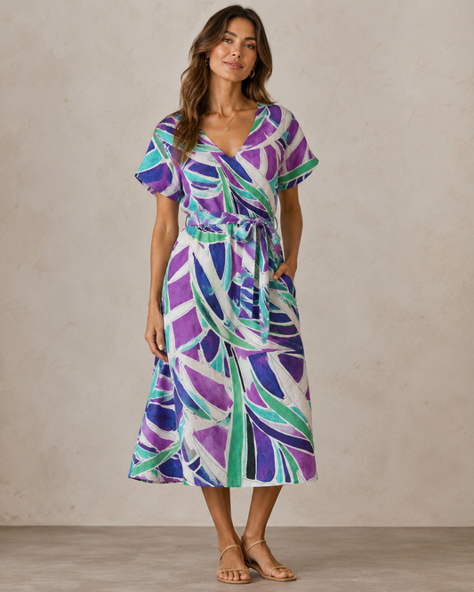 Linen with viscose, abstract palm leaves 180 g/m²
