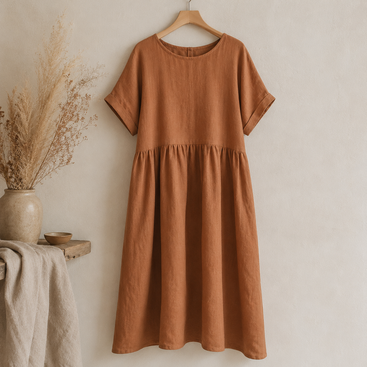 100% weich gemachter Leinenstoff - Cognac 165 g/m²