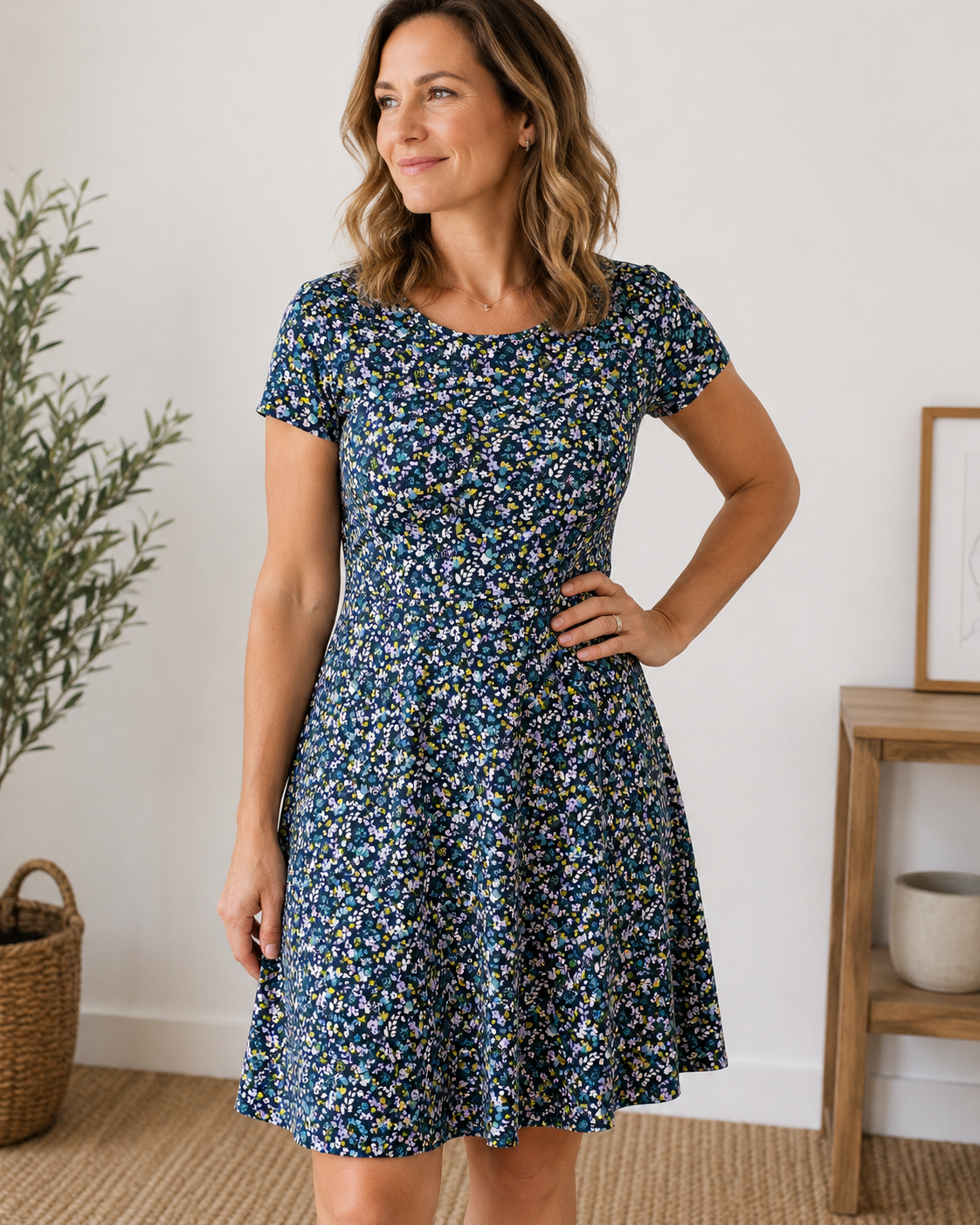 Jersey coton à petites fleurs sur fond bleu foncé-certif. GOTS