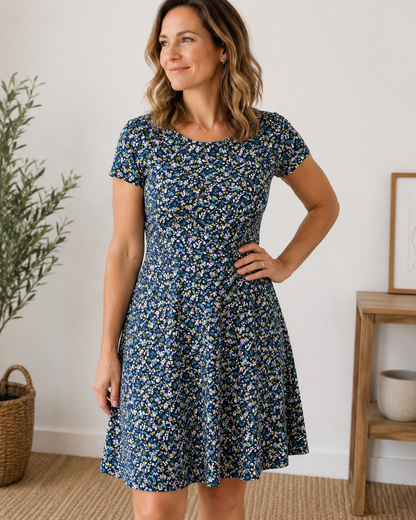 Jersey coton à petites fleurs sur fond bleu foncé-certif. GOTS