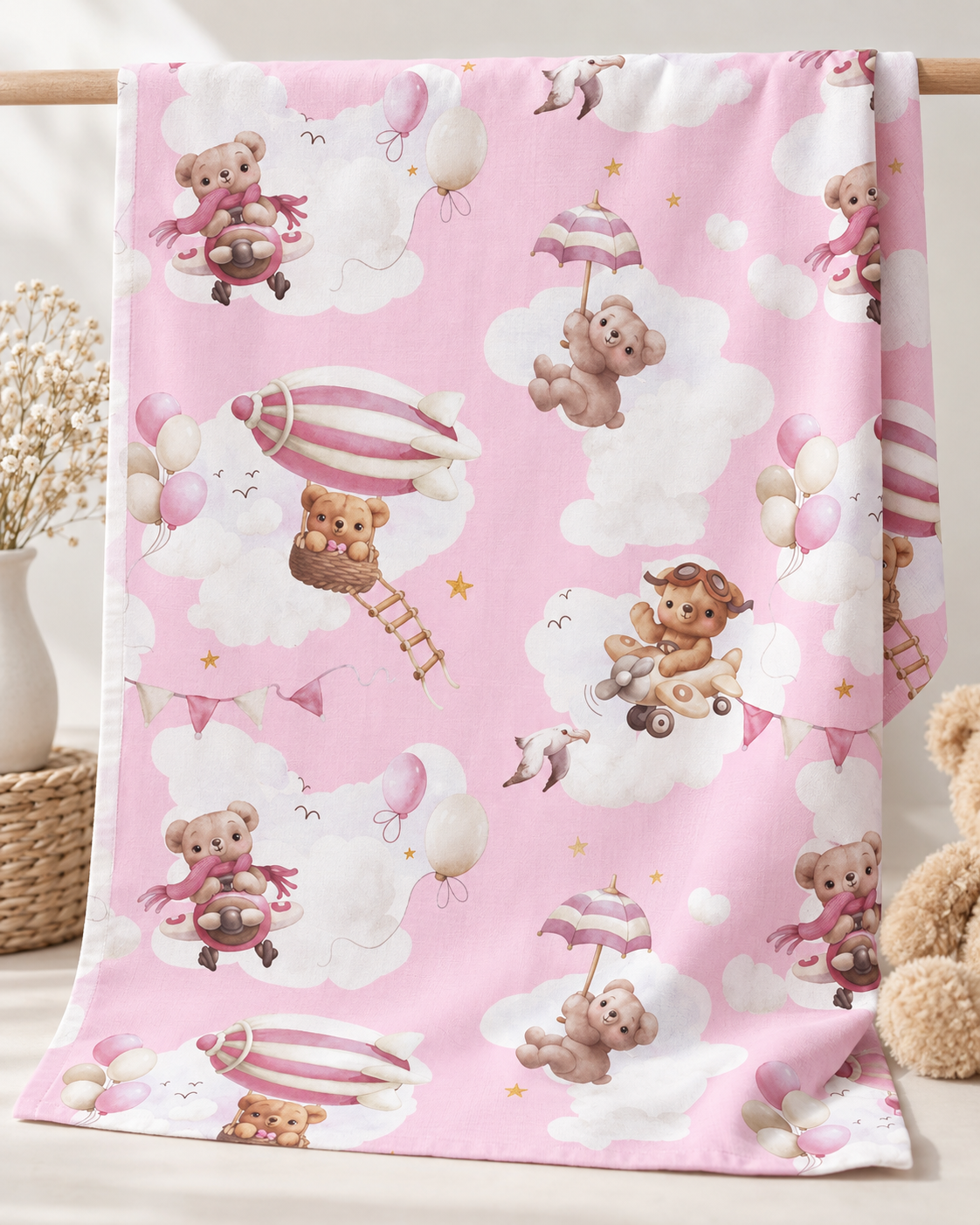 100% Cotton Flannel with Bears on a Pink Background