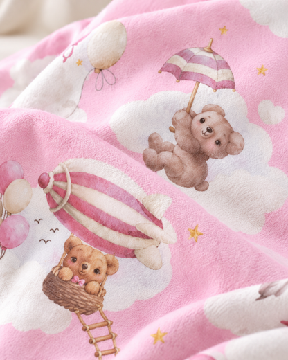 100% Cotton Flannel with Bears on a Pink Background