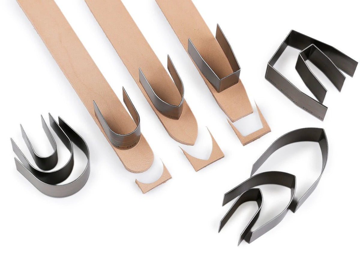 Image of leather strap end cutting dies – set of 18 – available online at Šarlotes audumi