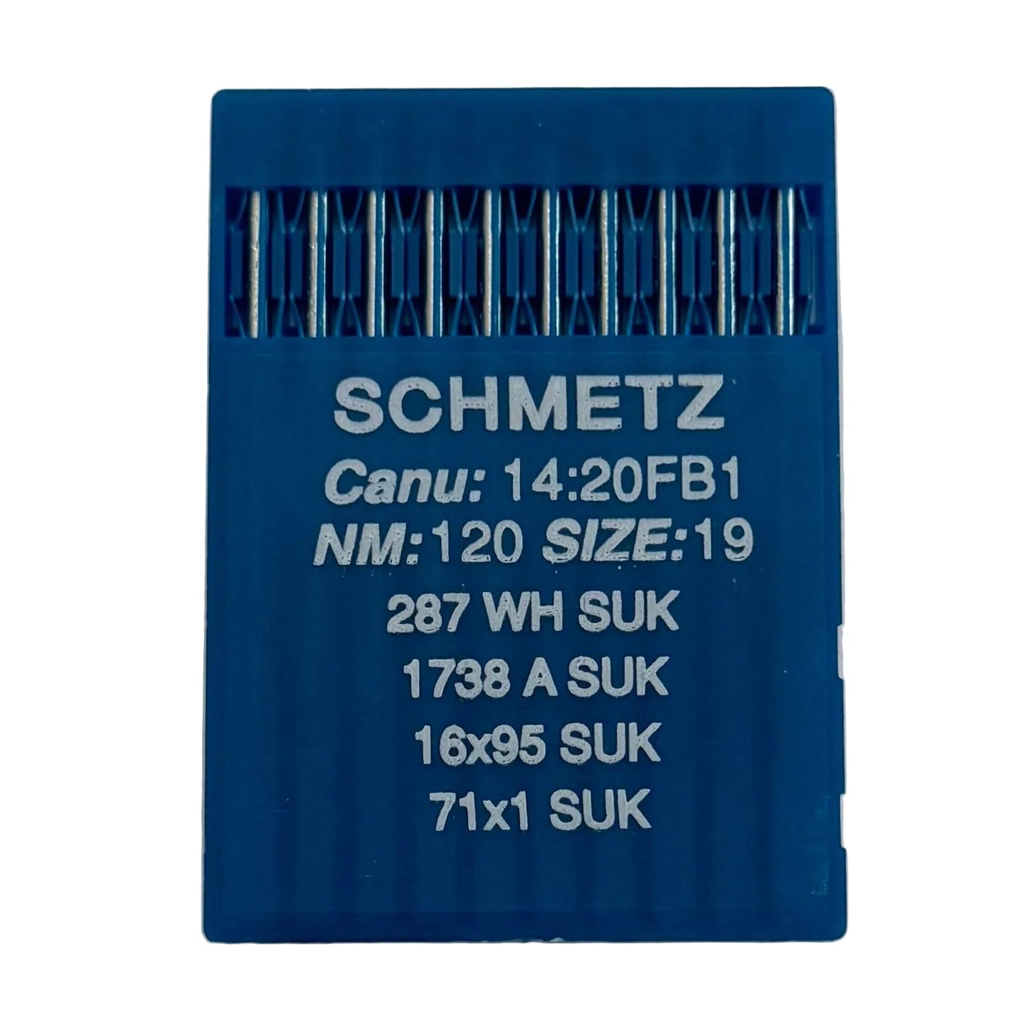 Image avec les aiguilles pour machines à coudre industrielles SCHMETZ DBx1 SUK – pour la maille et le denim (10 pcs) – disponible chez Šarlotes audumi