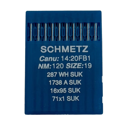 Image avec les aiguilles pour machines à coudre industrielles SCHMETZ DBx1 SUK – pour la maille et le denim (10 pcs) – disponible chez Šarlotes audumi
