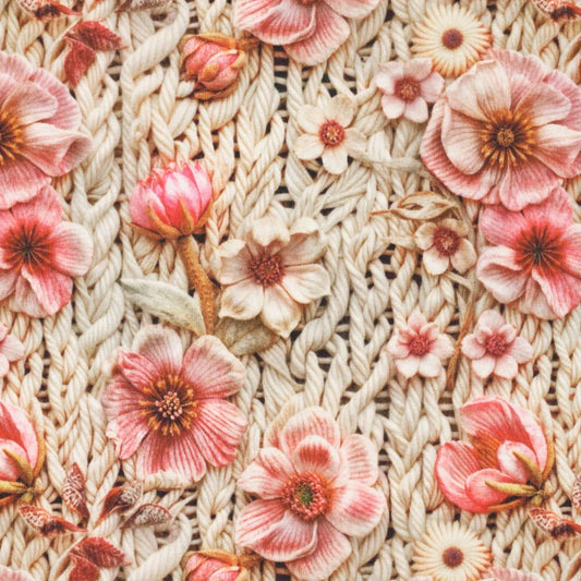 Image du tissu Alpenfleece à fleurs – maille chaude – disponible en ligne chez Šarlotes audumi