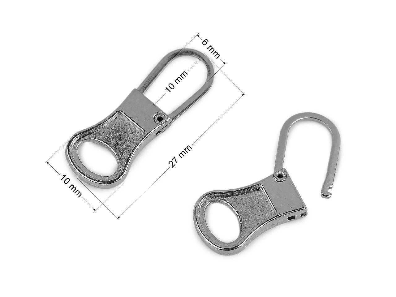 Image d’une tirette de fermeture éclair métallique ouvrable pour réparation – 10 × 27 mm – disponible en ligne chez Šarlotes audumi