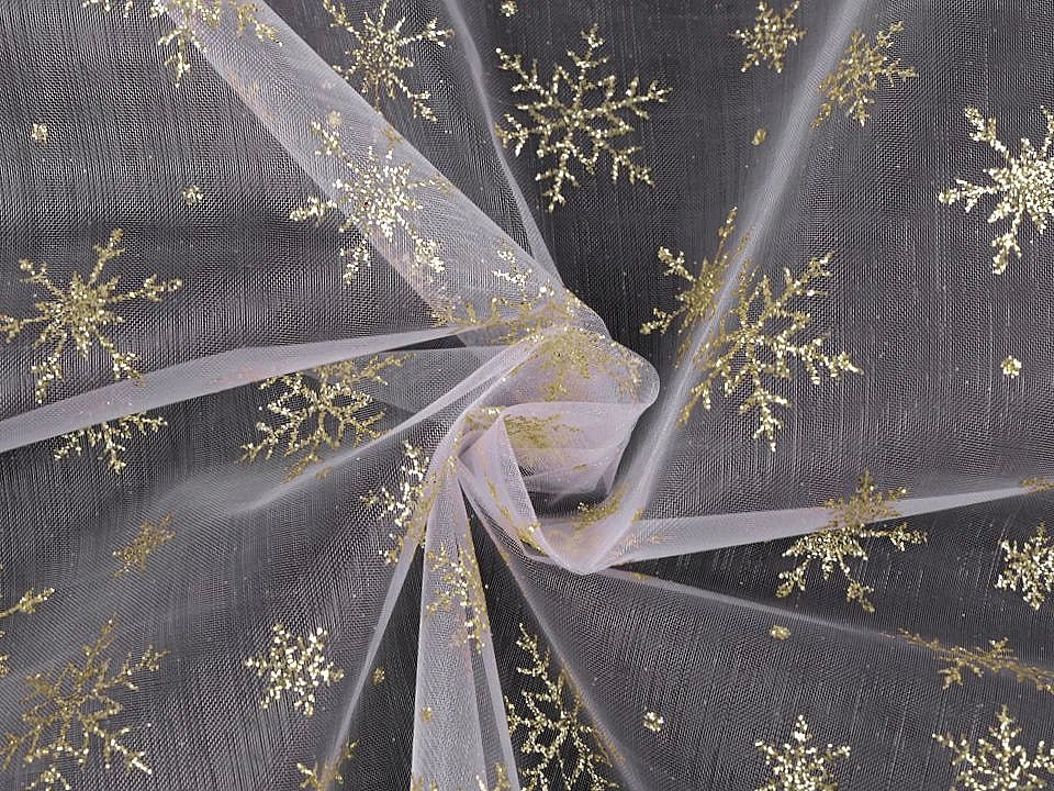 Image of white organza with gold sparkling snowflakes – available online at Šarlotes audumi