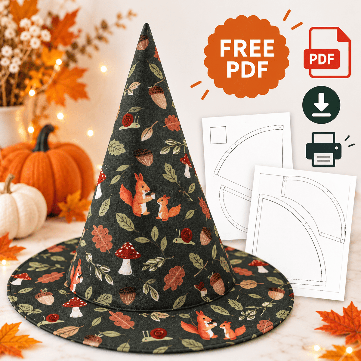 Attēls ar Bezmaksas raganas cepures piegrieztne “Pusnakts” – PDF, 7 izmēri – pieejams internetā Šarlotes audumi