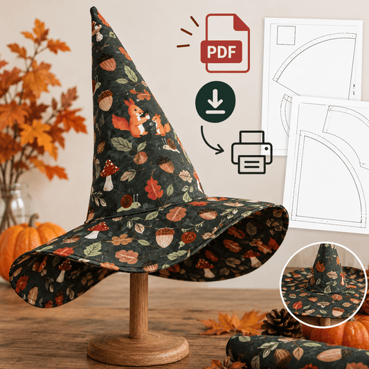 Image of the free witch hat pattern “Midnight” – PDF, 7 sizes – available online at Šarlotes audumi