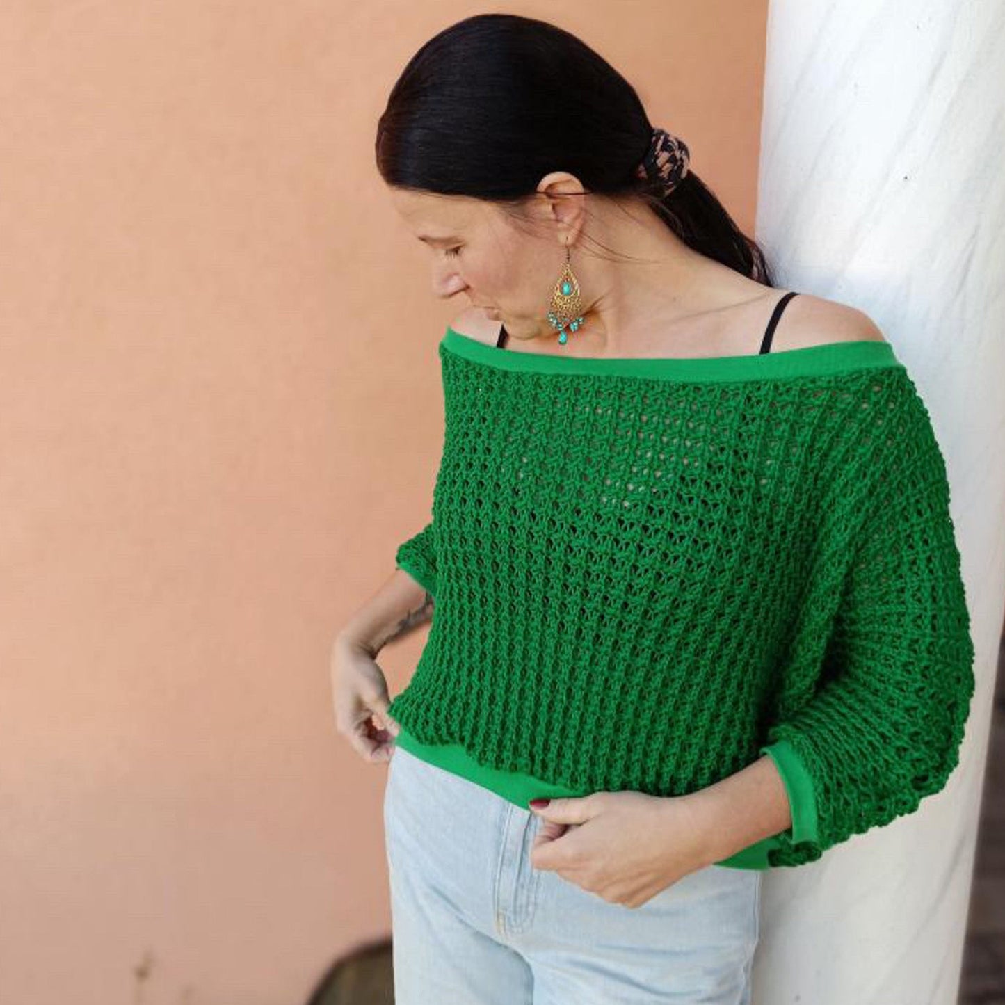 Tricot épais 100 % coton vert - 615 g/m² – disponible chez Šarlotes audumi