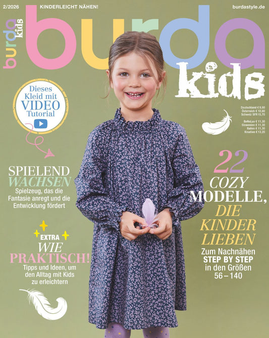 Attēls ar Burda Kids 02/2026 – bērnu apģērbu šūšanas žurnāls ar piegrieztnēm, vācu valodā – pieejams internetā Šarlotes audumi