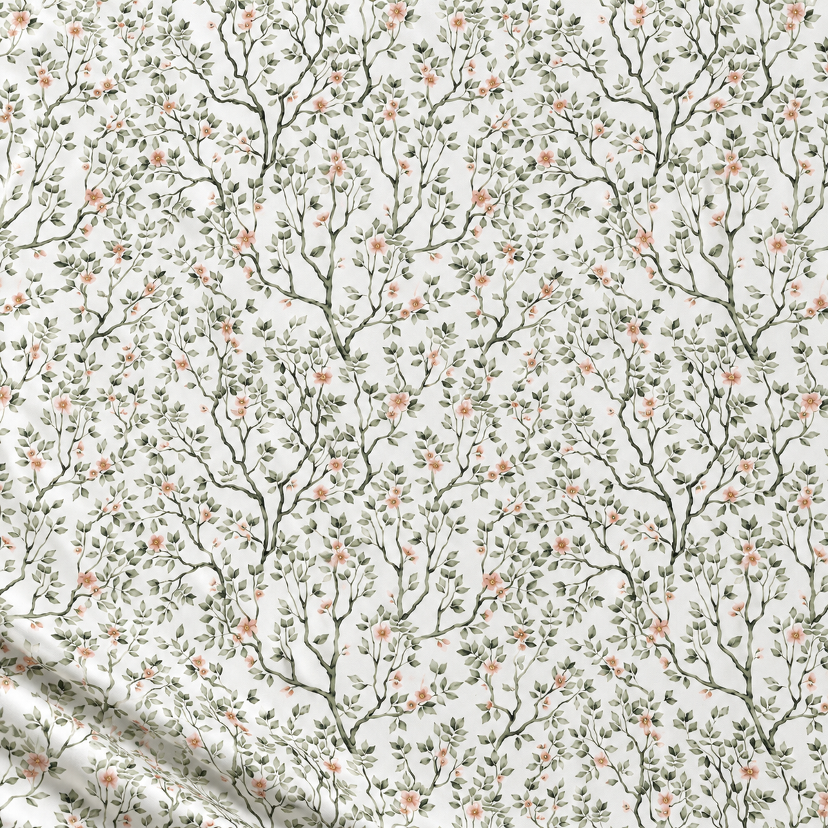 100% Cotton Fabric - Delicate Green Branches with Flowers on a White Background