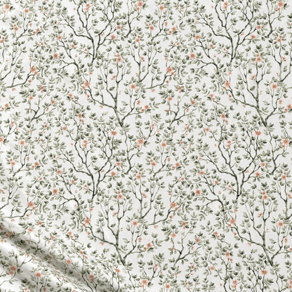 100% Cotton Fabric - Delicate Green Branches with Flowers on a White Background
