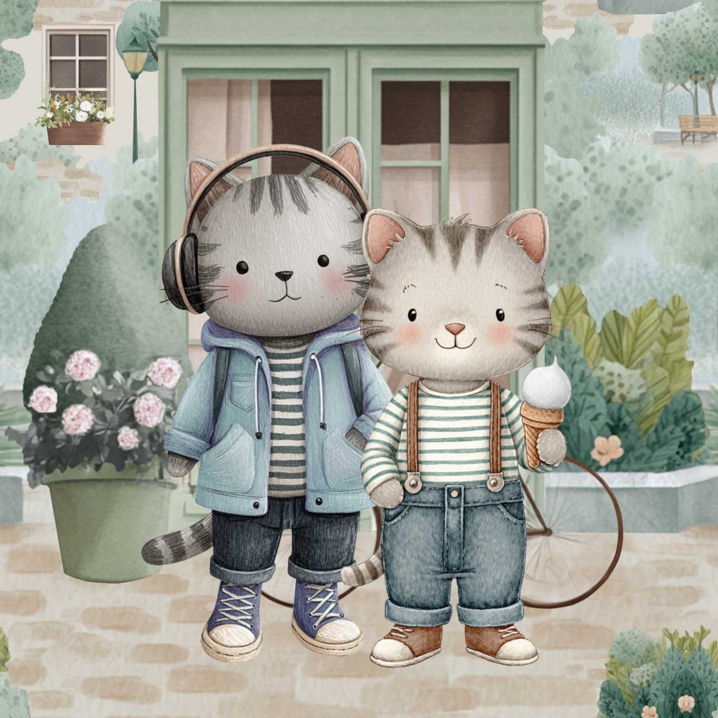 Image with loop-knit panel 40x50 cm - city cats stroll 250 g/m² – available at Šarlotes audumi