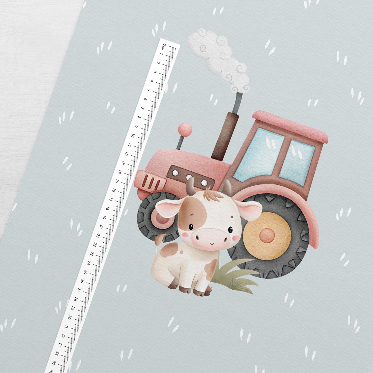 Image avec panneau en jersey bouclé - veau et tracteur fumant 250 g/m² | Design - 03 – disponible chez Šarlotes audumi