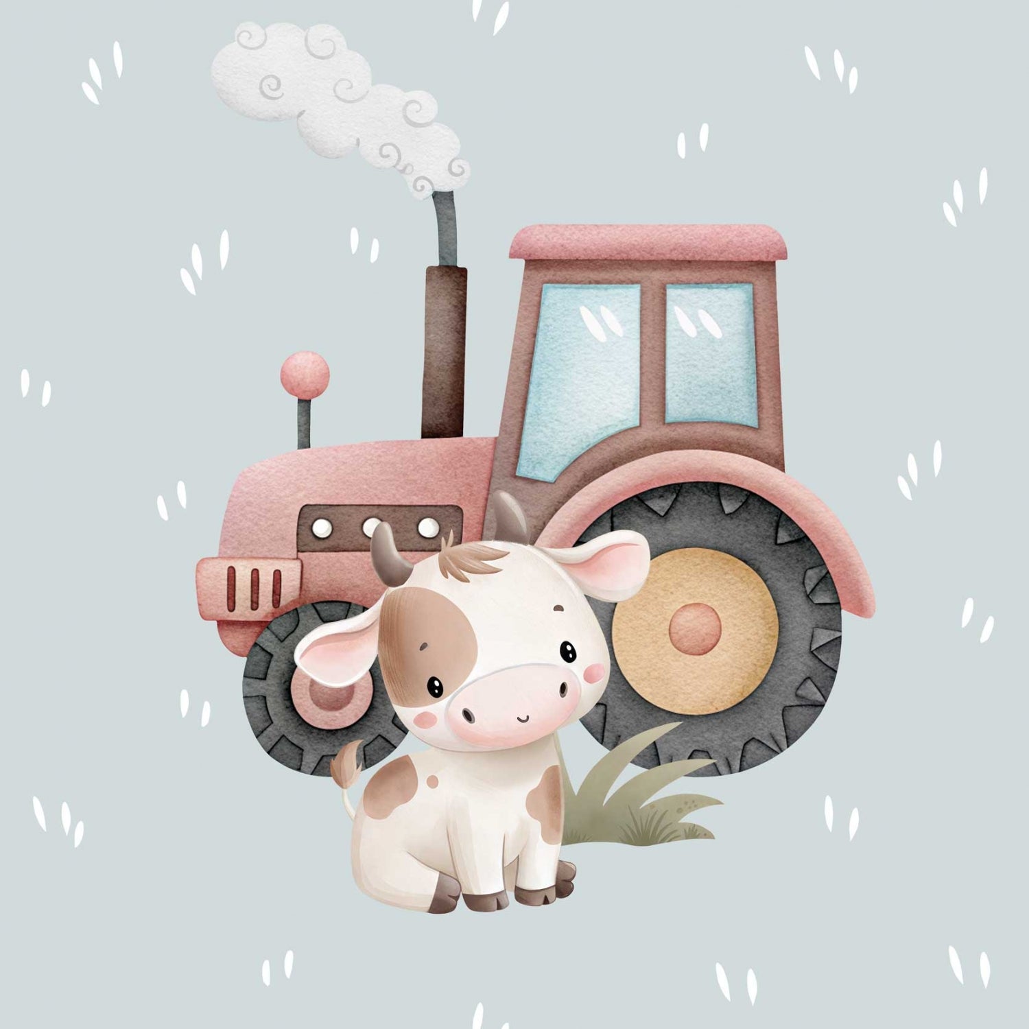 Image du panneau en jersey bouclé - petit veau et tracteur fumant 250 g/m² | Design - 03 – disponible chez Šarlotes audumi
