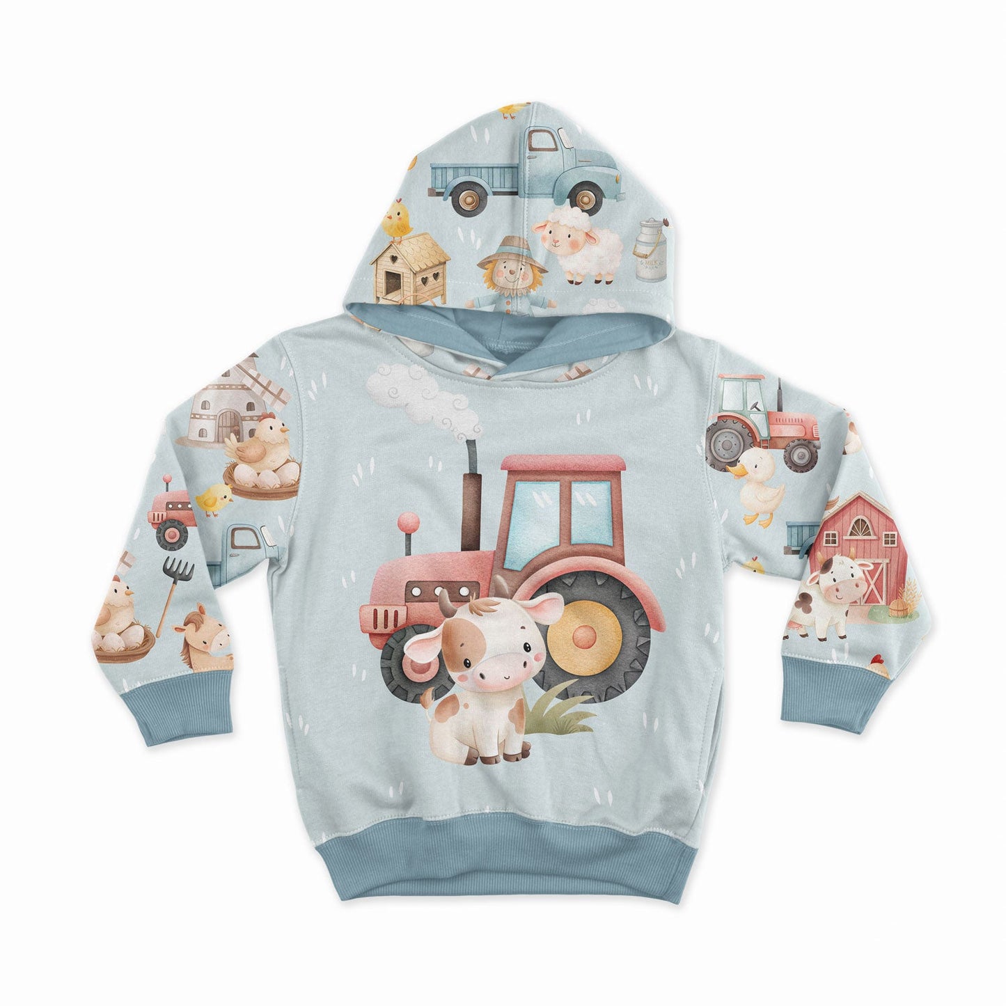 Image d’un panneau en tissu bouclette - petit veau et tracteur fumant 250 g/m² | Design - 03 – disponible chez Šarlotes audumi