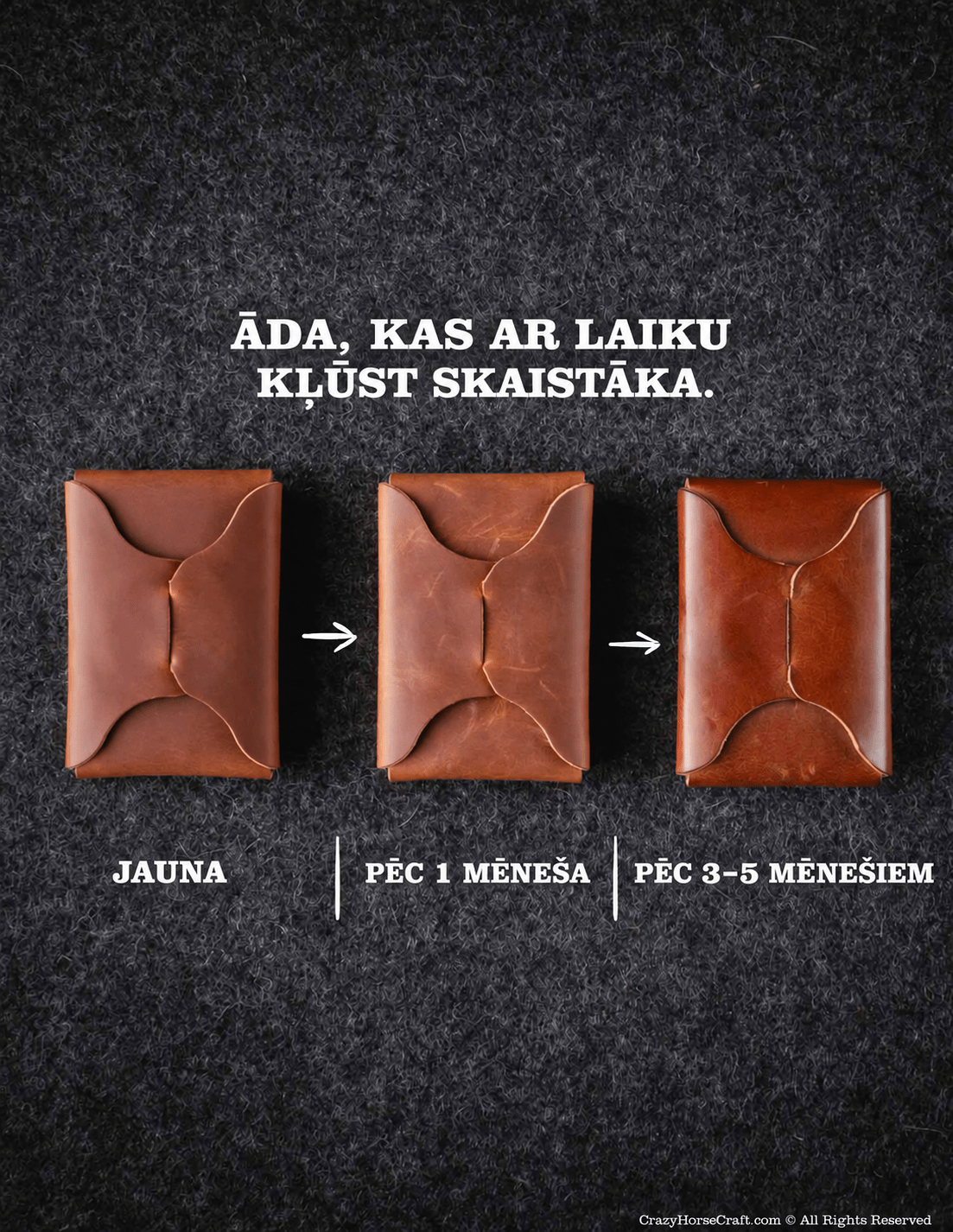 Image with natural Crazy Horse leather, durable, flexible, and known for its vintage look. 1.2–1.5 mm – available online at Šarlotes audumi