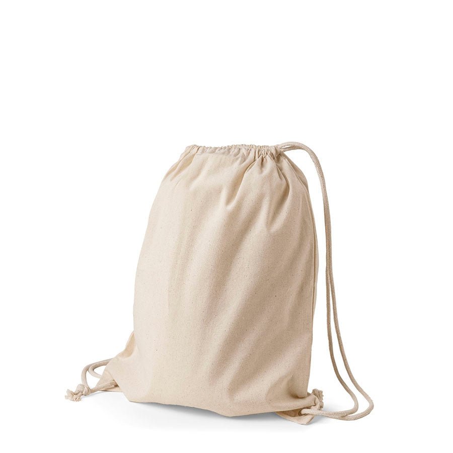 Image of a natural cotton drawstring backpack, 140 g/m², 38 × 46 cm – available at Charlotte’s Fabrics